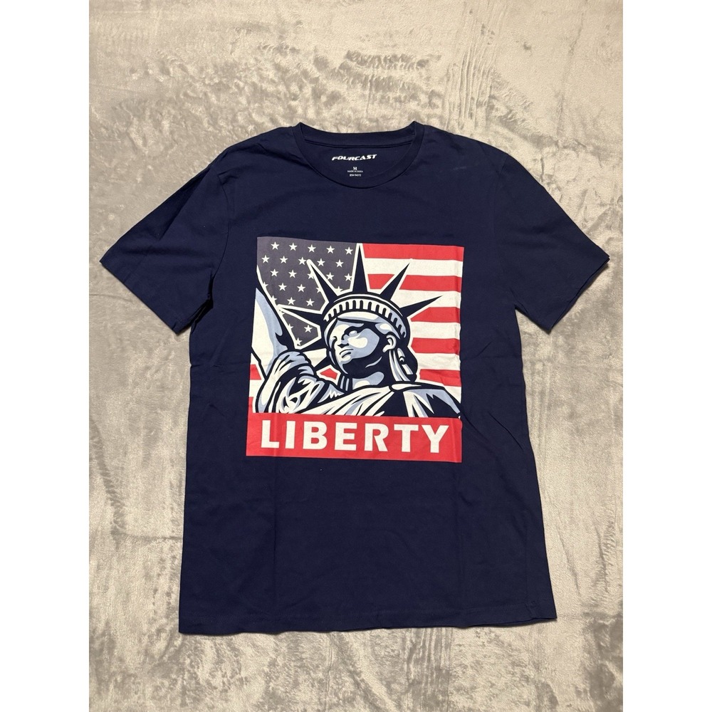 Fourcast T-Shirt Mens Size M Blue Liberty Flag Graphic Patriotic Short Sleeve